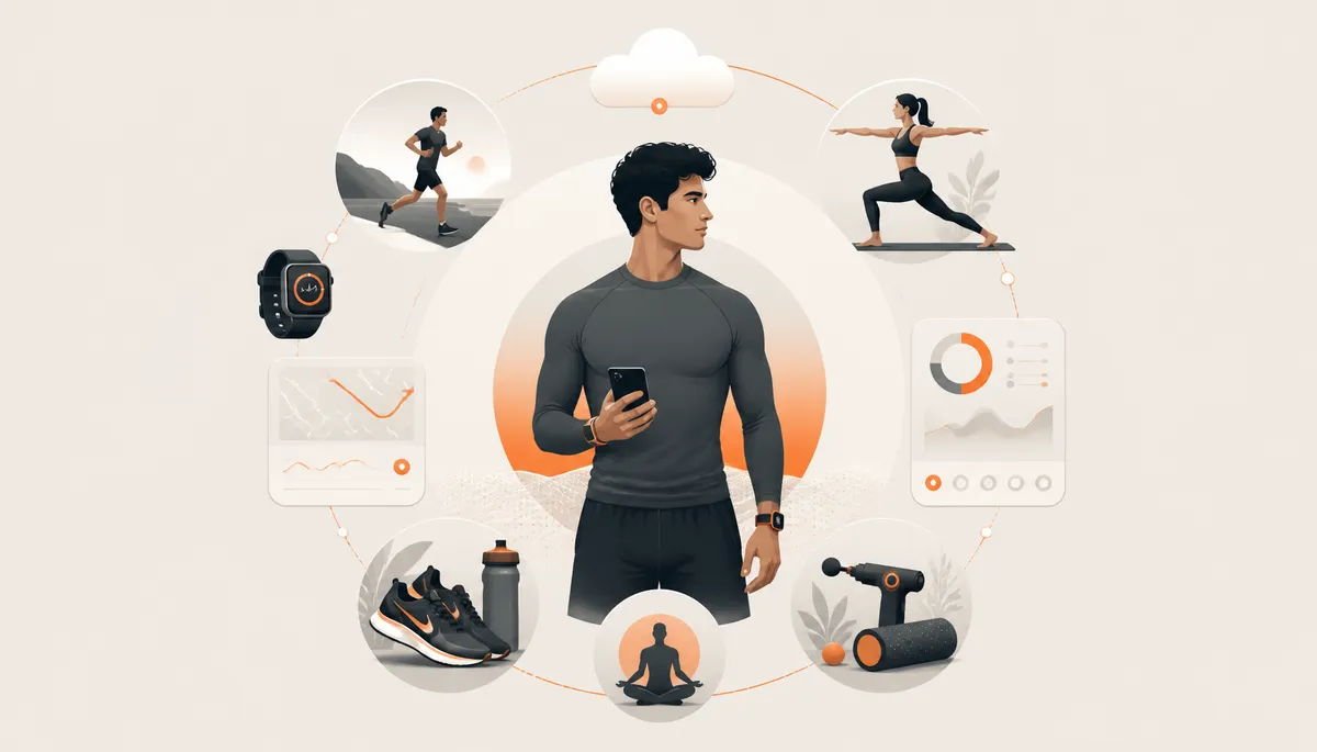 Illustration showing a complete digital sports ecosystem connecting training, nutrition, and gear