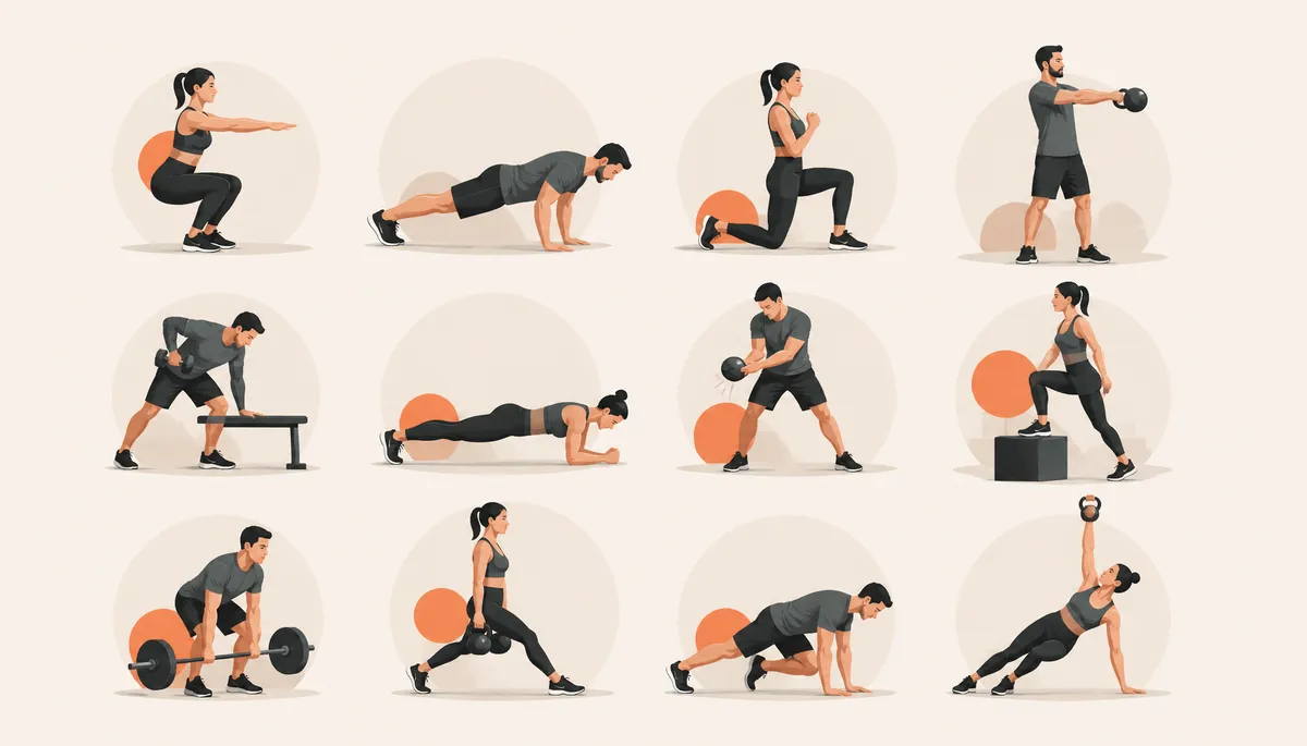 Série d'exercices fonctionnels : squat, kettlebell swing et planche