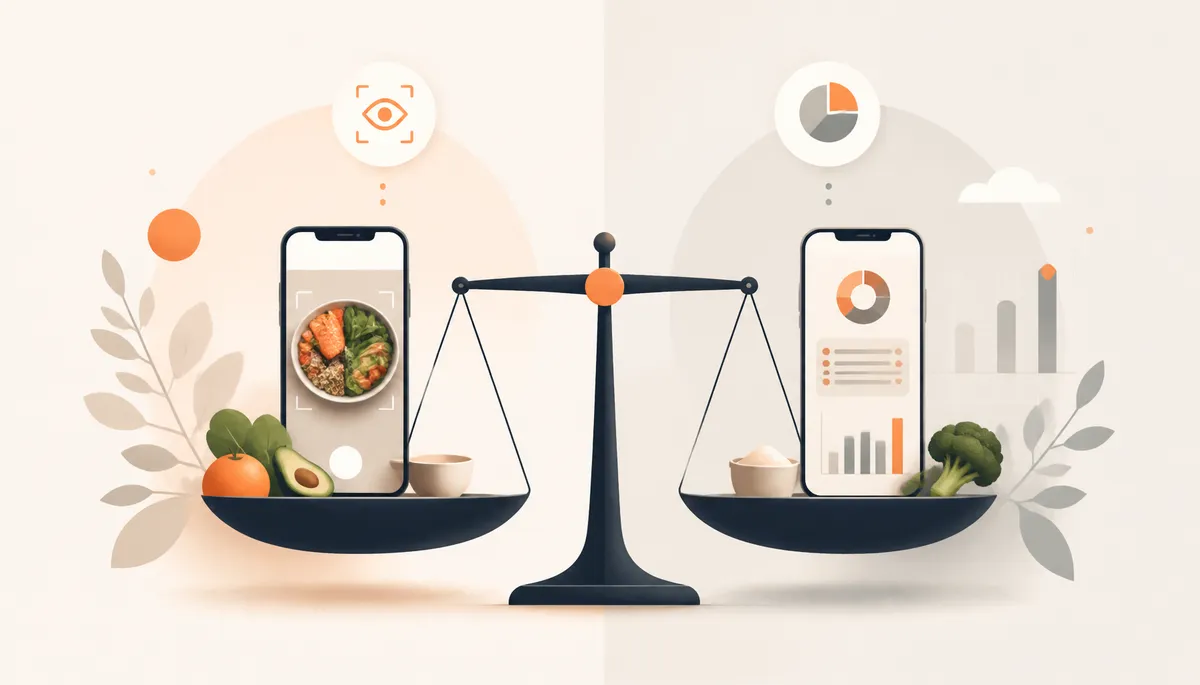 Editorial illustration of a plate, phone, and nutrition data