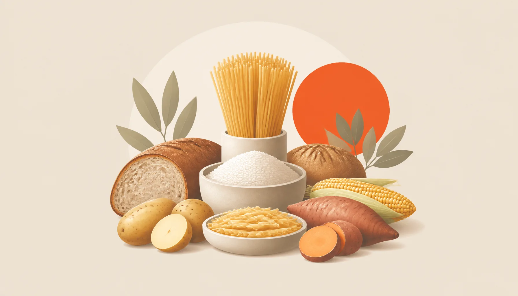 Healthy carb sources: rice, sweet potato, quinoa, and oats