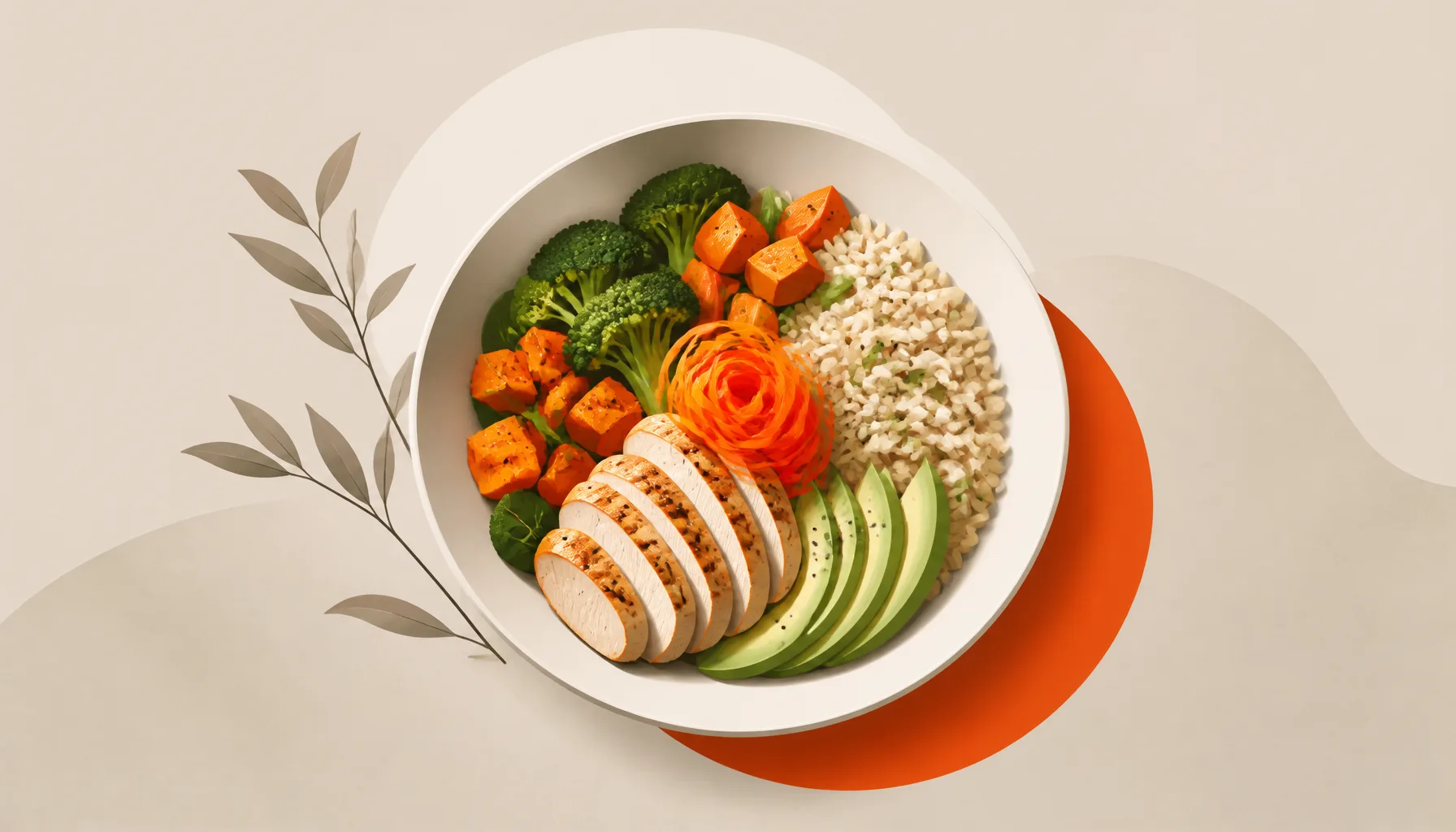 Balanced plate with vegetables, protein, and whole grains