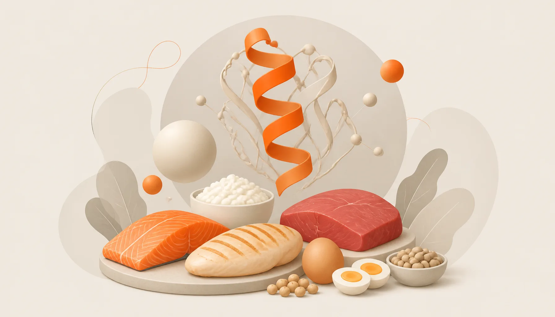 Various protein sources: eggs, fish, meat, legumes