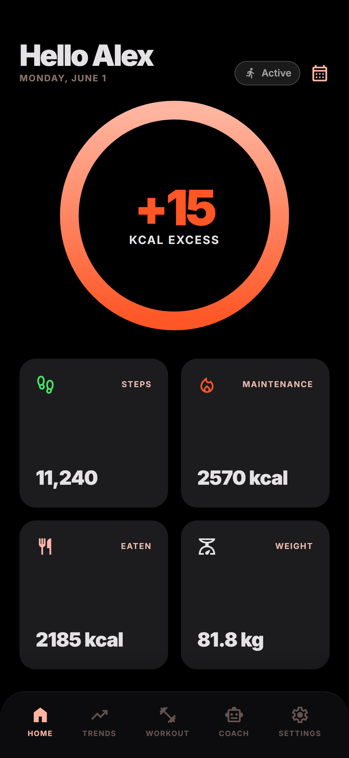 Atlo home dashboard, calories, steps and weight